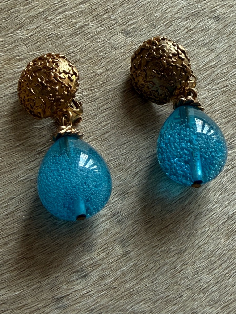 Gold-Tone Clip-On Earrings with Aqua Blue Teardrop Glass